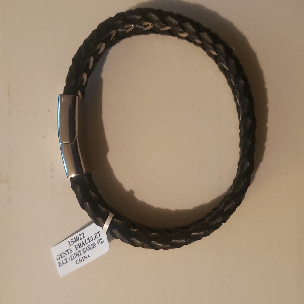 Spartan Black Leather and Stainless Steel Men's Bracelet